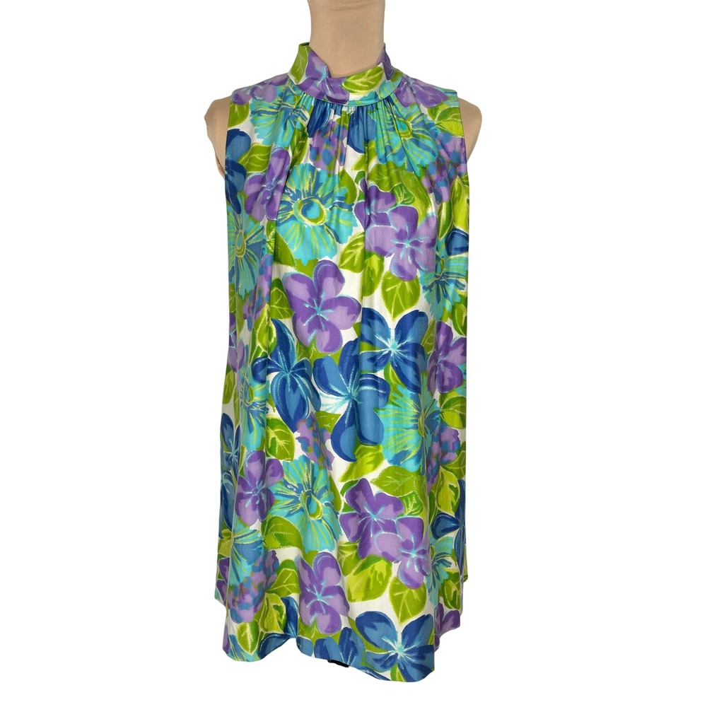Mermaid on Waikiki Beach Shift Dress Multi Color Floral Vintage High Neck Medium